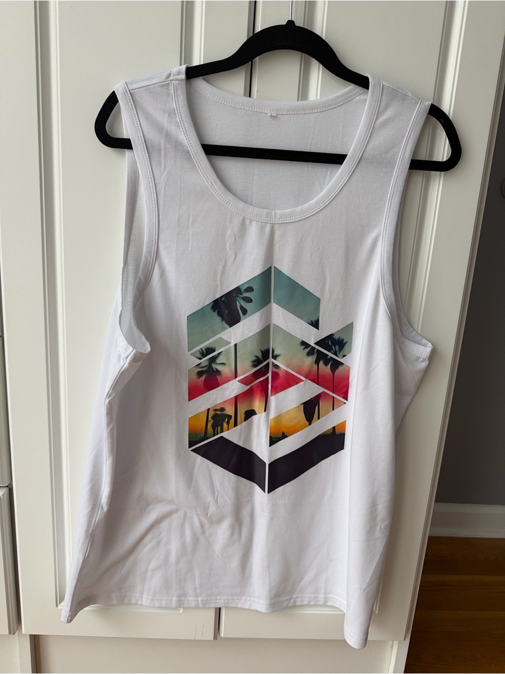 White Graphic Tank Top with Tropical Chevron Print
